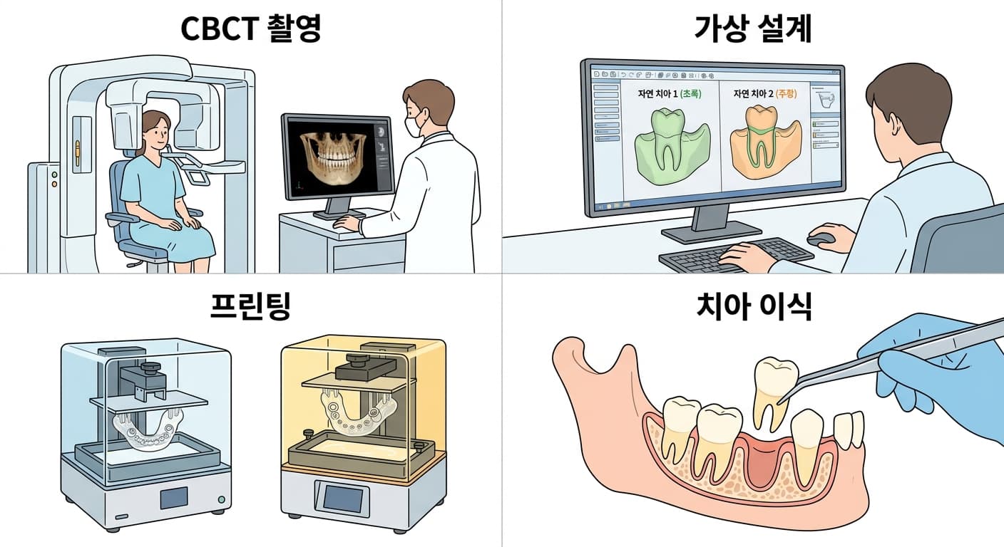 CBCT와 구강스캐너 데이터를 겹쳐 소켓을 가상으로 설계하고 3D 프린팅 가이드로 치아를 옮겨 심는 네 단계 과정