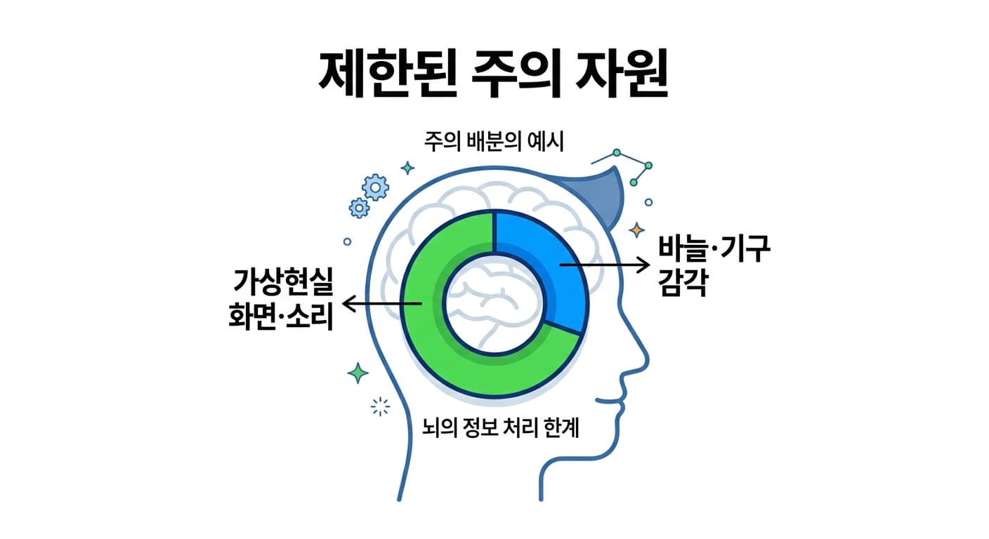 뇌가 처리할 수 있는 주의 자원은 한정돼 있어 가상현실 화면과 소리에 주의를 많이 쓸수록 바늘과 기구의 감각에 남는 주의가 줄어든다는 것을 보여주는 도넛 차트 그림