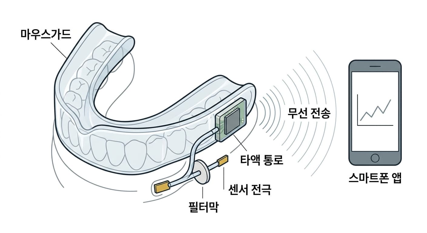 마우스가드 안에 심은 센서 전극과 필터막이 타액을 거쳐 무선으로 스마트폰에 값을 전송하는 구조