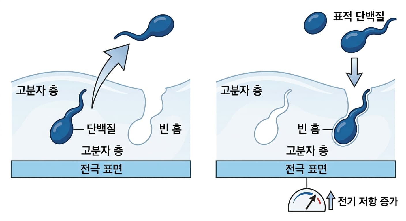 전극 위 고분자 층에서 표적 단백질이 빠져나가며 빈 홈이 남고 같은 단백질이 다시 들어와 박히면 전기 저항이 커지는 과정