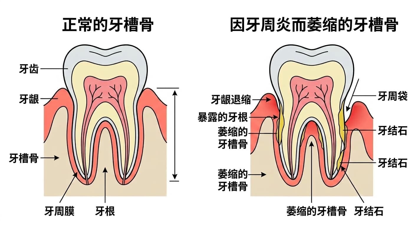 正常牙槽骨与因牙周炎萎缩的牙槽骨并排对比的牙齿剖面图