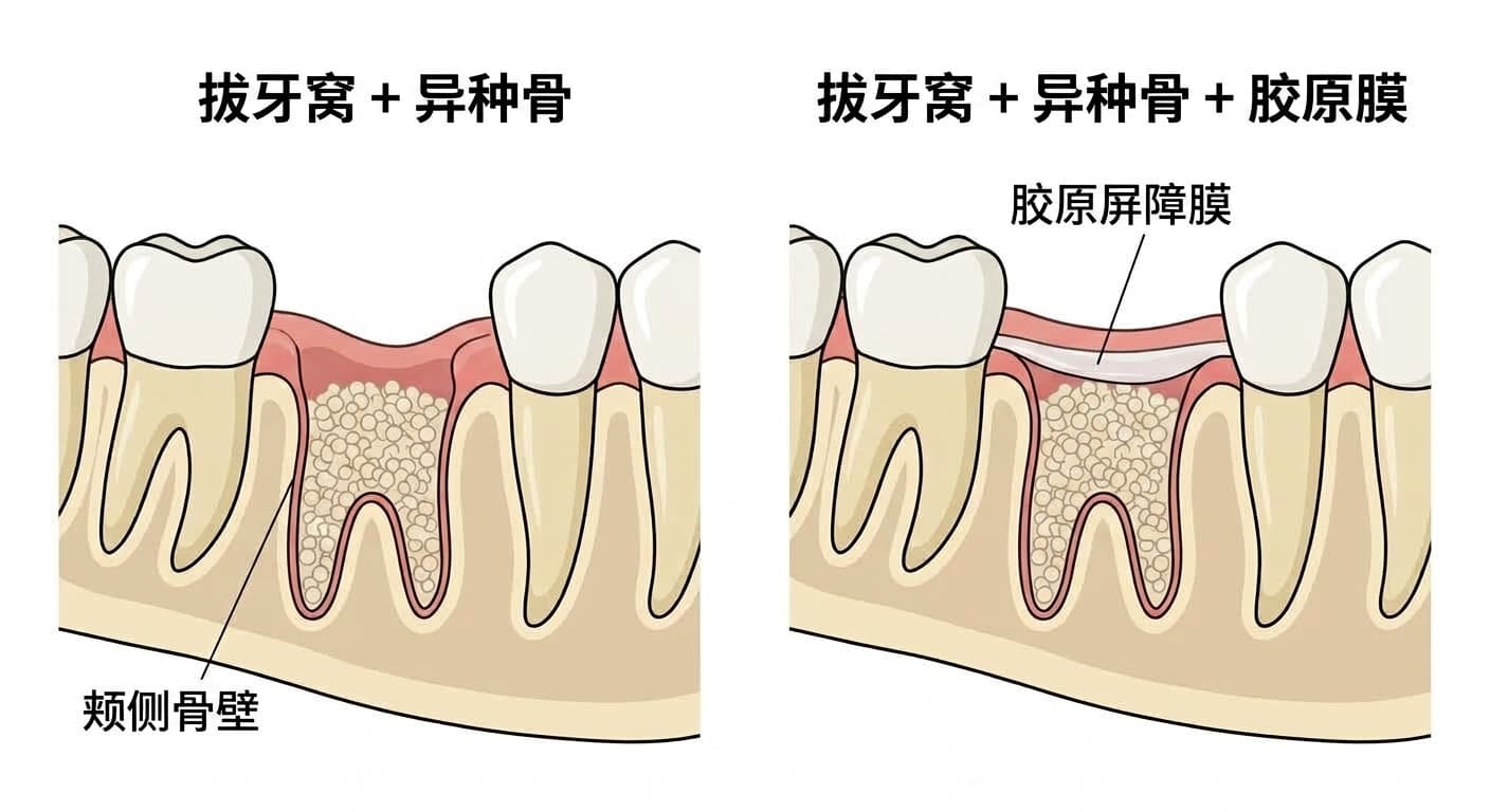 并排展示仅在拔牙窝内填入异种骨颗粒的情况与在异种骨上覆盖胶原屏障膜的情况的牙齿拔牙窝截面图