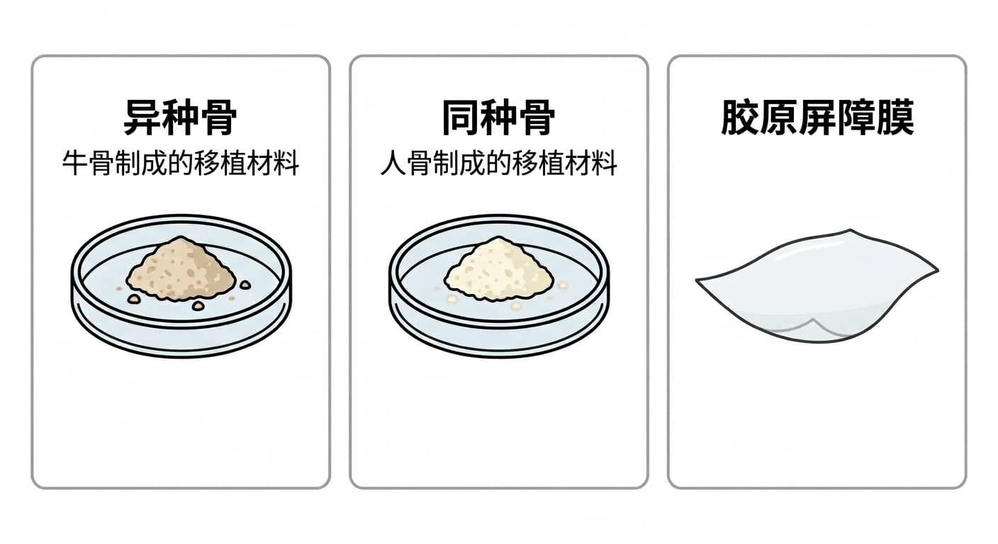 将牛骨制成的异种骨颗粒、人骨制成的同种骨颗粒、胶原屏障膜并排展示各材料作用的图示