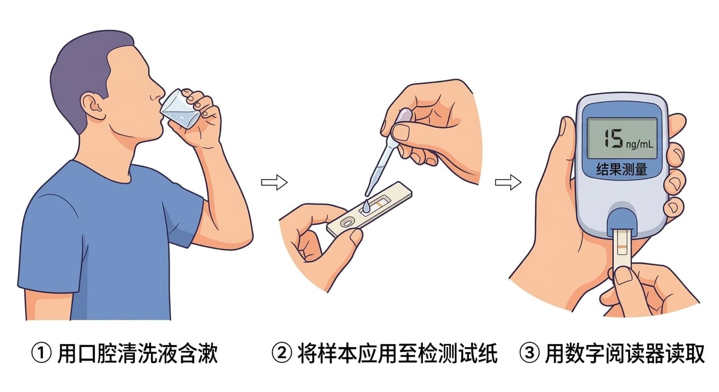 用漱口水漱口后将检体滴到试纸上,再用数字阅读器判读浓度的三步检测流程