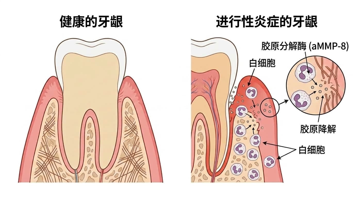 对比健康牙龈与炎症进展中牙龈内白细胞释放胶原分解酶(aMMP-8)过程的剖面图