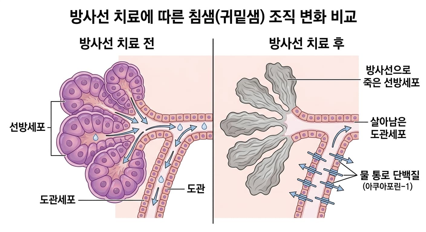 对比放疗后腺泡细胞死亡、仅导管细胞存活的变化,以及在导管细胞中植入水通道蛋白以生成唾液的原理示意图