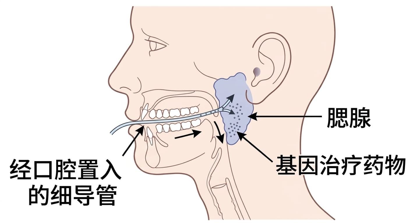 示意图:从脸颊内侧臼齿旁的腮腺导管开口插入细导管,将基因治疗药物直接注入腮腺内的给药方式