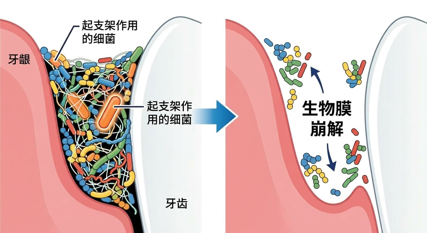 牙龈缝隙中的生物膜里,只要起支架作用的一种细菌消失,其余细菌就会散开,导致整个生物膜瓦解的示意图