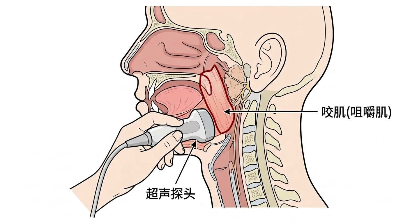 显示咬肌位置及超声探头测量厚度部位的解剖图解