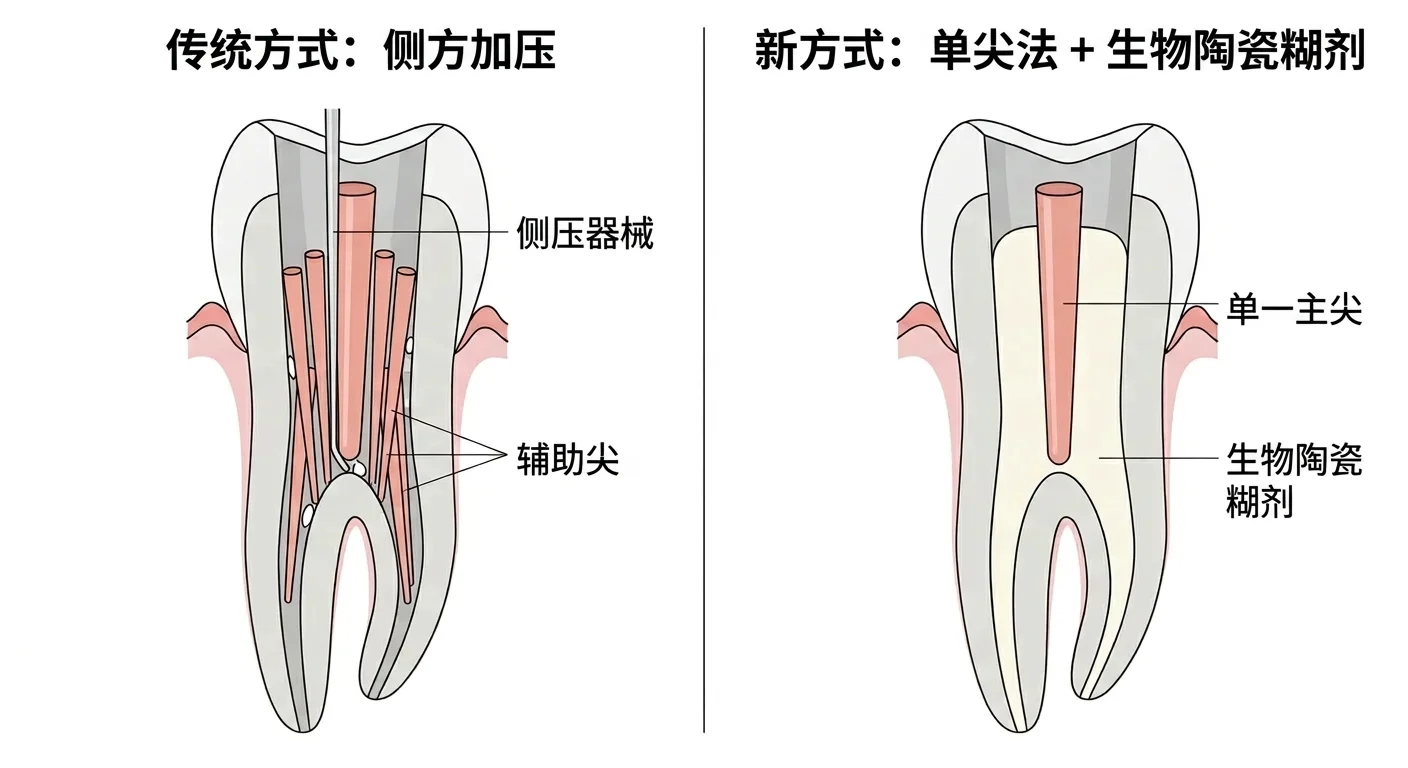 根管充填两种方式的对比。左侧为使用侧压器械挤压填入多根辅助尖的传统侧方加压技术,右侧为用一根牙胶尖搭配流动性生物陶瓷糊剂填补缝隙的新方式。