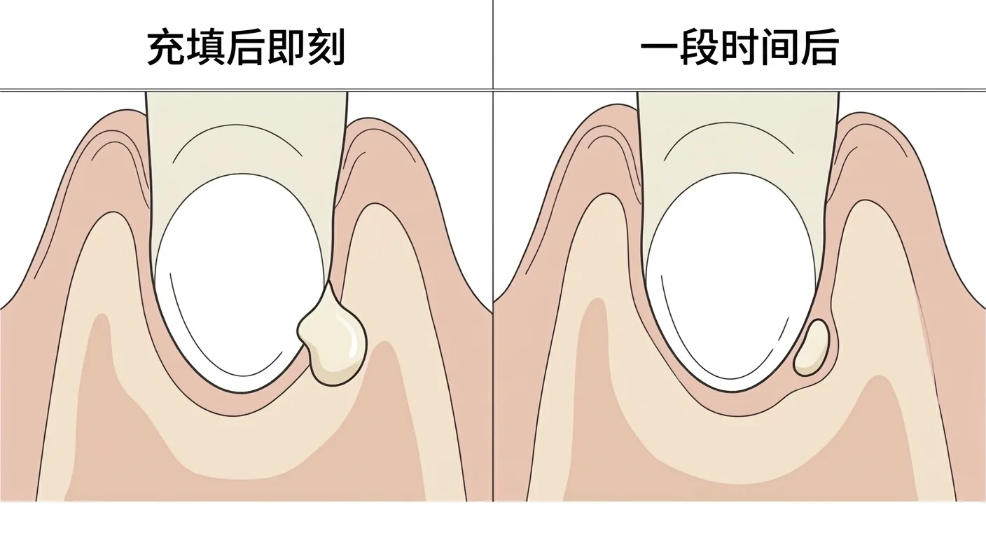 示意图展示溢出根尖外的生物陶瓷糊剂随时间推移体积逐渐缩小的过程。