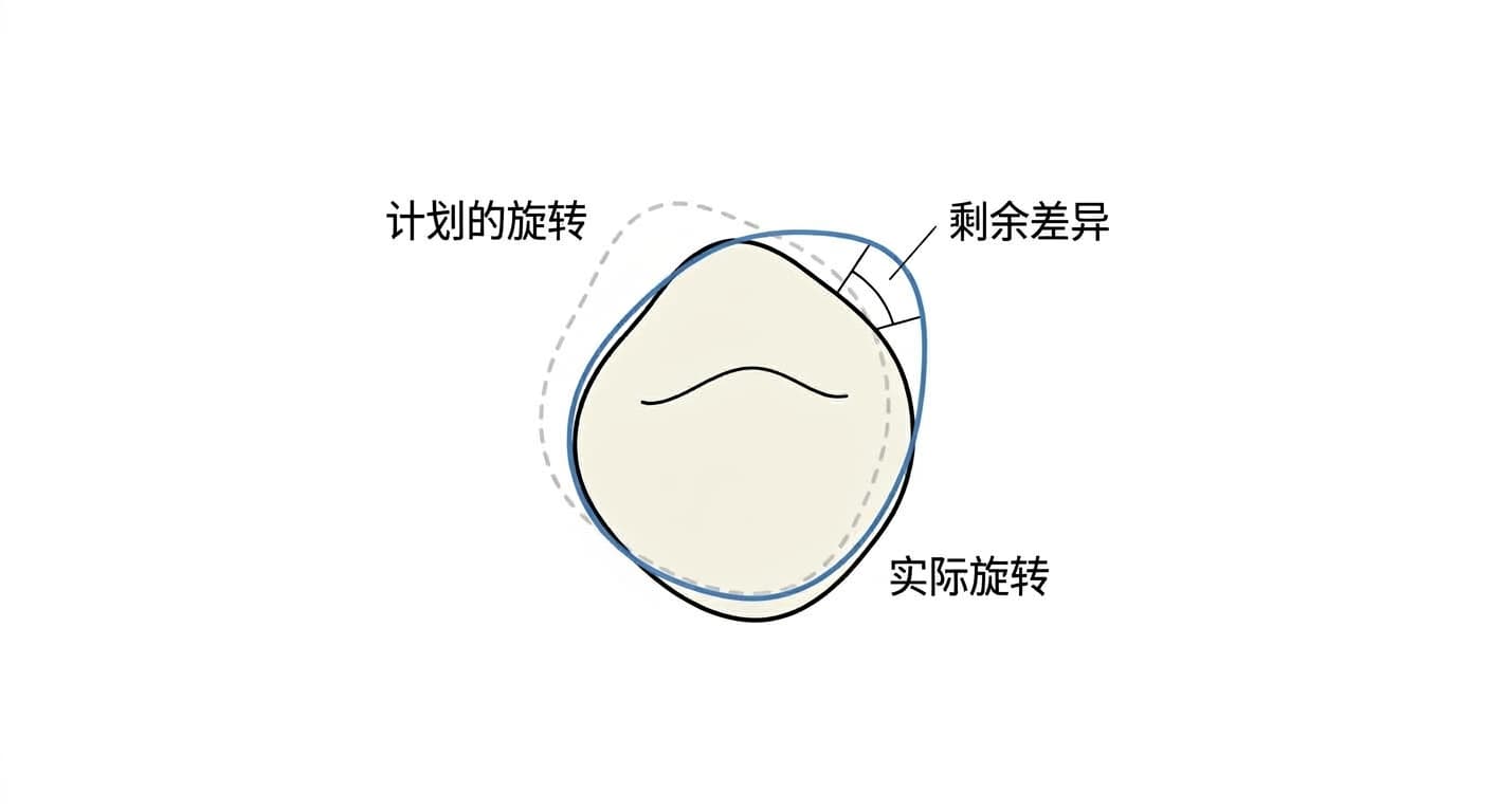 牙齿表面上计划旋转的范围、实际实现旋转的范围,以及两者之间剩余差异的示意图