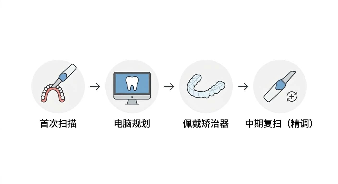 从扫描、电脑规划、佩戴矫治器,到中期重新扫描(精调)的治疗流程示意图