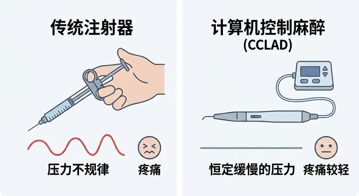 对比图:传统注射器靠手动按压导致压力不规律、疼痛较大,而计算机控制麻醉装置以恒定缓慢的压力使疼痛更轻