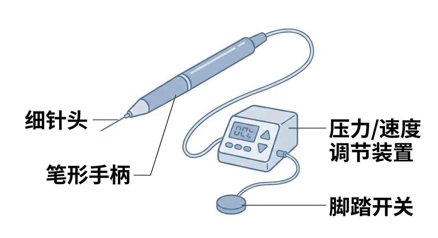 展示计算机控制麻醉装置构成的图示:笔形手柄、细针头,以及压力/速度调节装置和脚踏开关