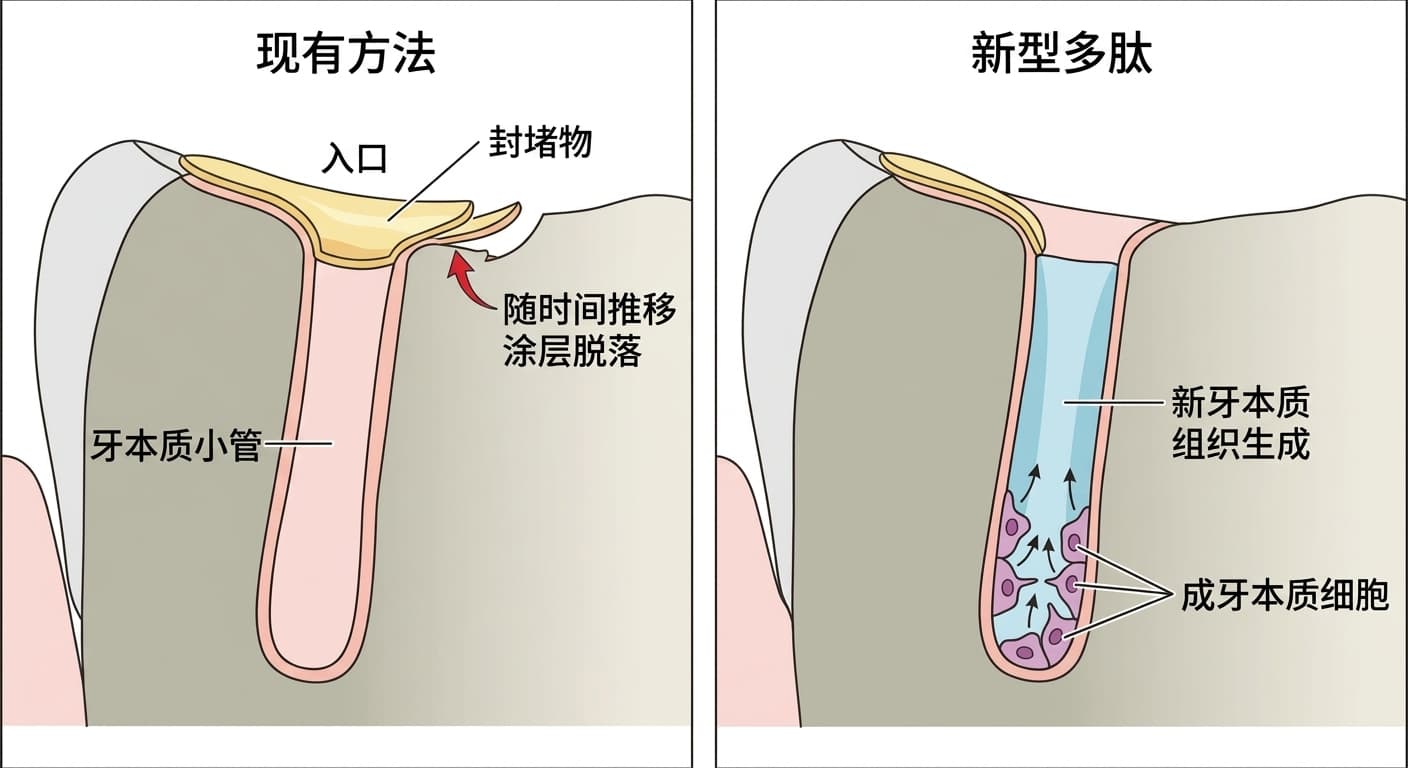 对比图:左侧为封堵牙本质小管入口的涂层随时间脱落的现有方式,右侧为成牙本质细胞重新被激活、从牙本质小管内部开始填充新牙本质的多肽方式