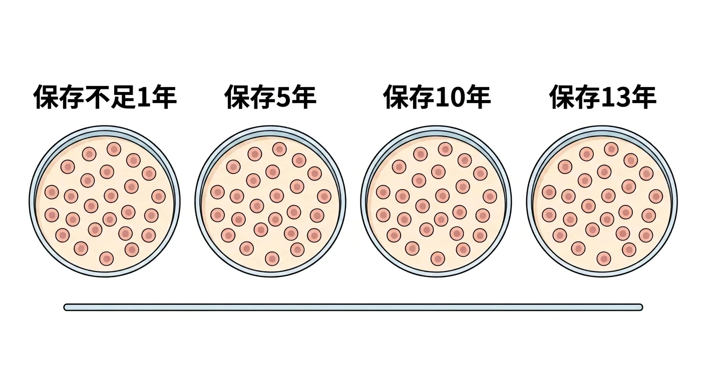 将冷冻保存不足1年、5年、10年、13年后解冻的牙齿干细胞培养皿并排比较的插图。四个培养皿中的细胞密度描绘得都很相似