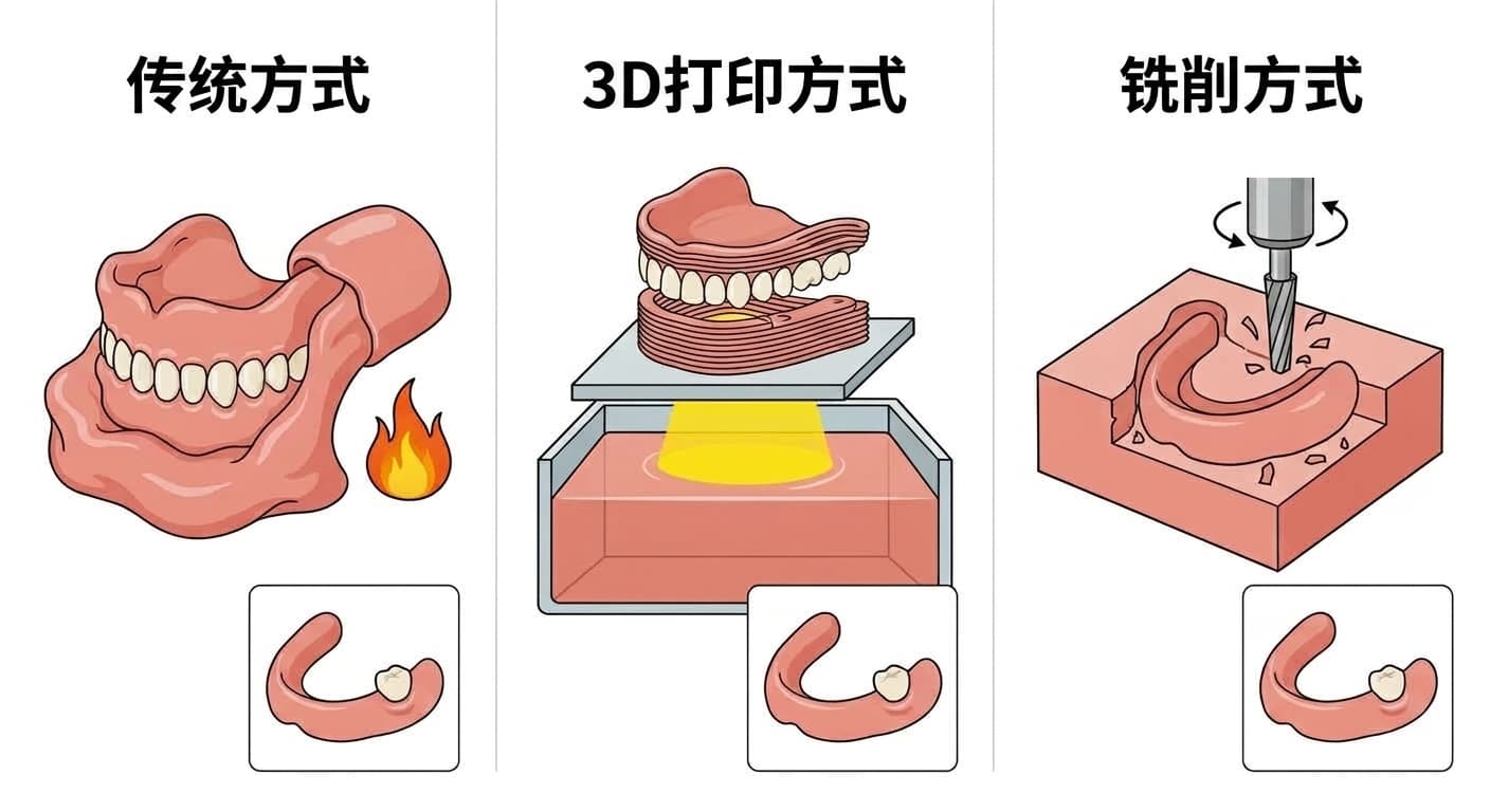 并排比较三种义齿制作方法的插图。左侧是将牙齿埋入面团状树脂中加热固化的传统方式,中间是将液态树脂逐层堆积固化的3D打印方式,右侧是用切削刀具切削坚硬块材的铣削方式