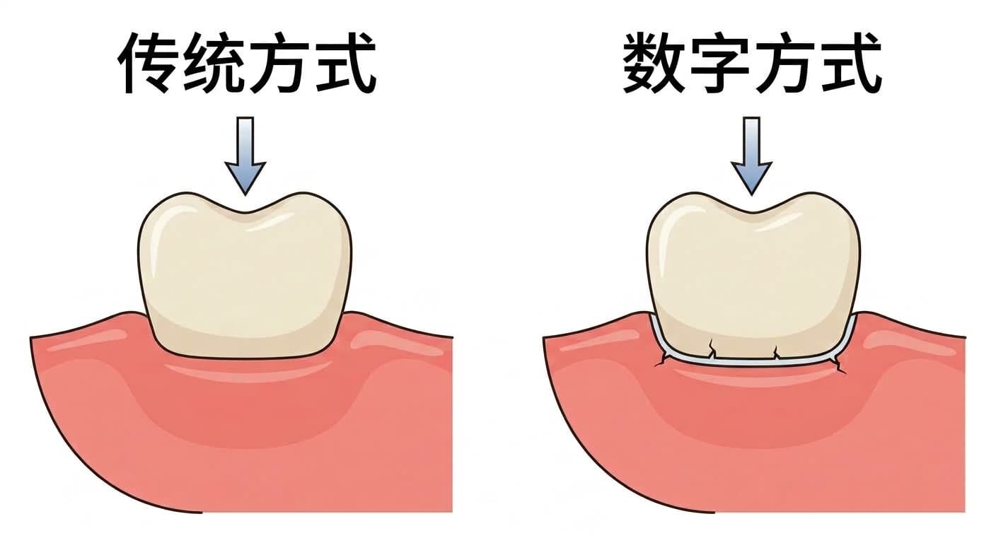 以两种方式比较人工牙与义齿基托交界处截面的插图。左侧传统方式没有分界线,连接平滑一体;右侧数字方式沿粘接剂层的分界线出现了细小裂纹