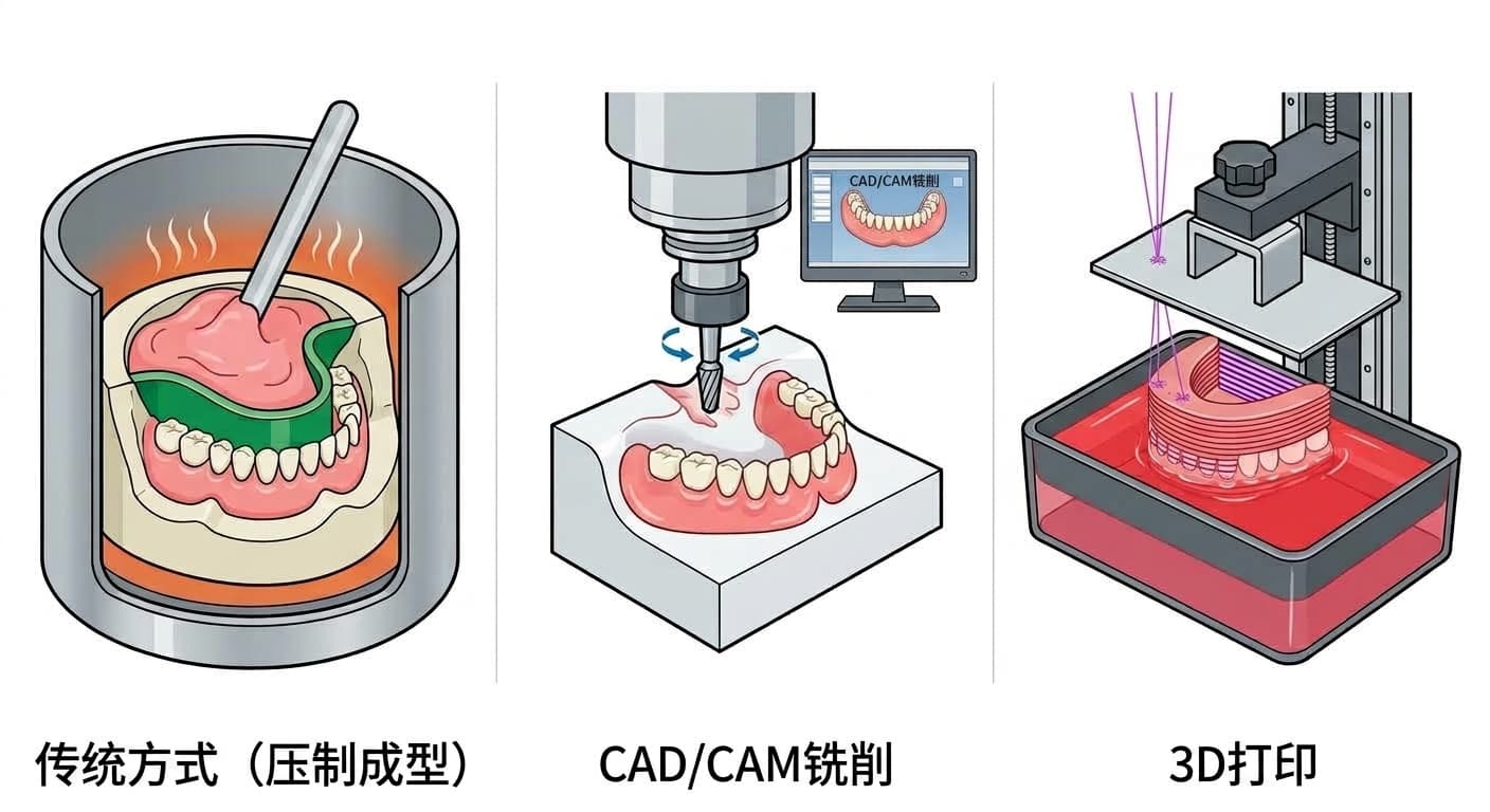 并排展示传统压制成型、CAD/CAM铣削、3D打印这三种义齿制作方法的制作过程的图示