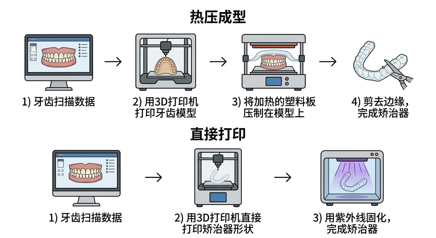 热压成型与直接打印两种矫治器制作流程对比示意图