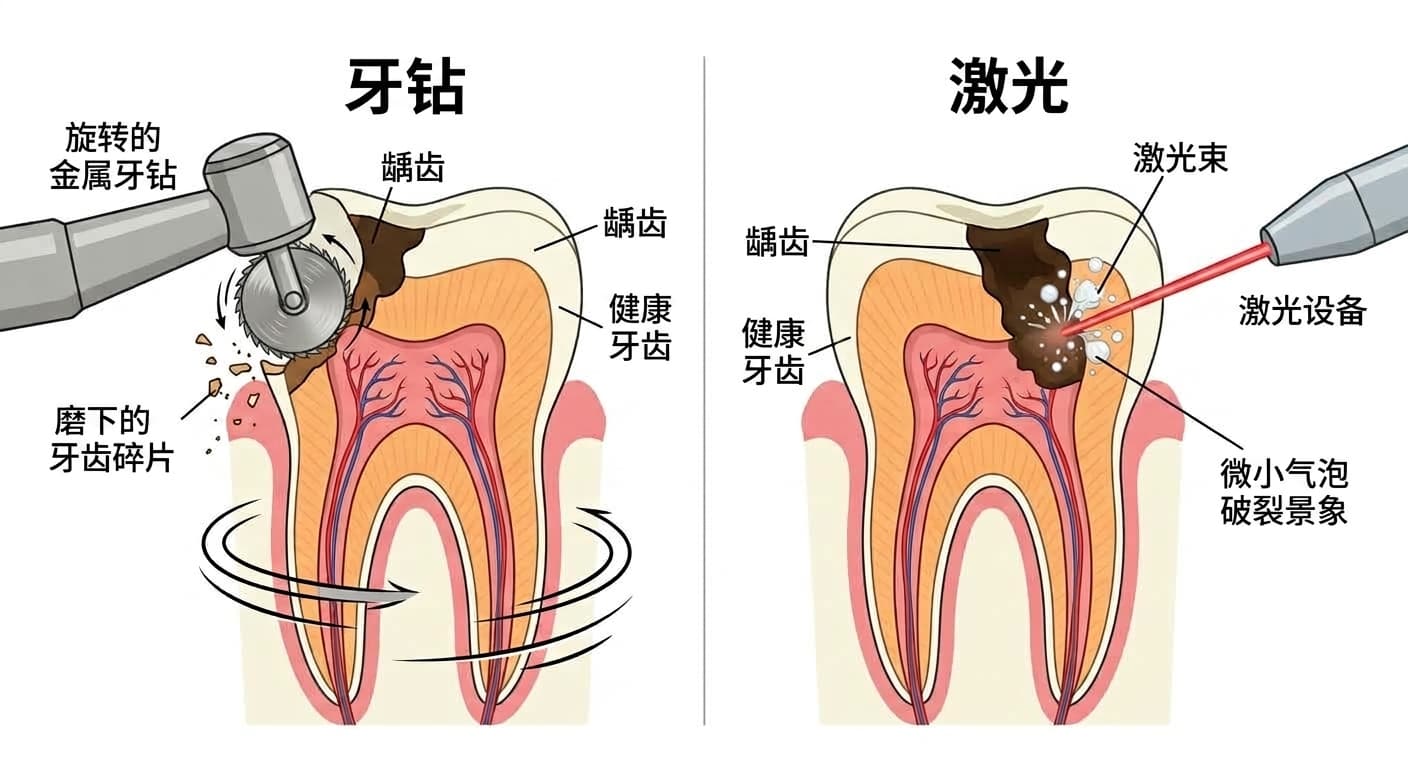 钻头用旋转刀头将龋齿与健康牙齿一起磨除,激光则只被含水量高的龋齿组织吸收,像小气泡破裂一样将其去除