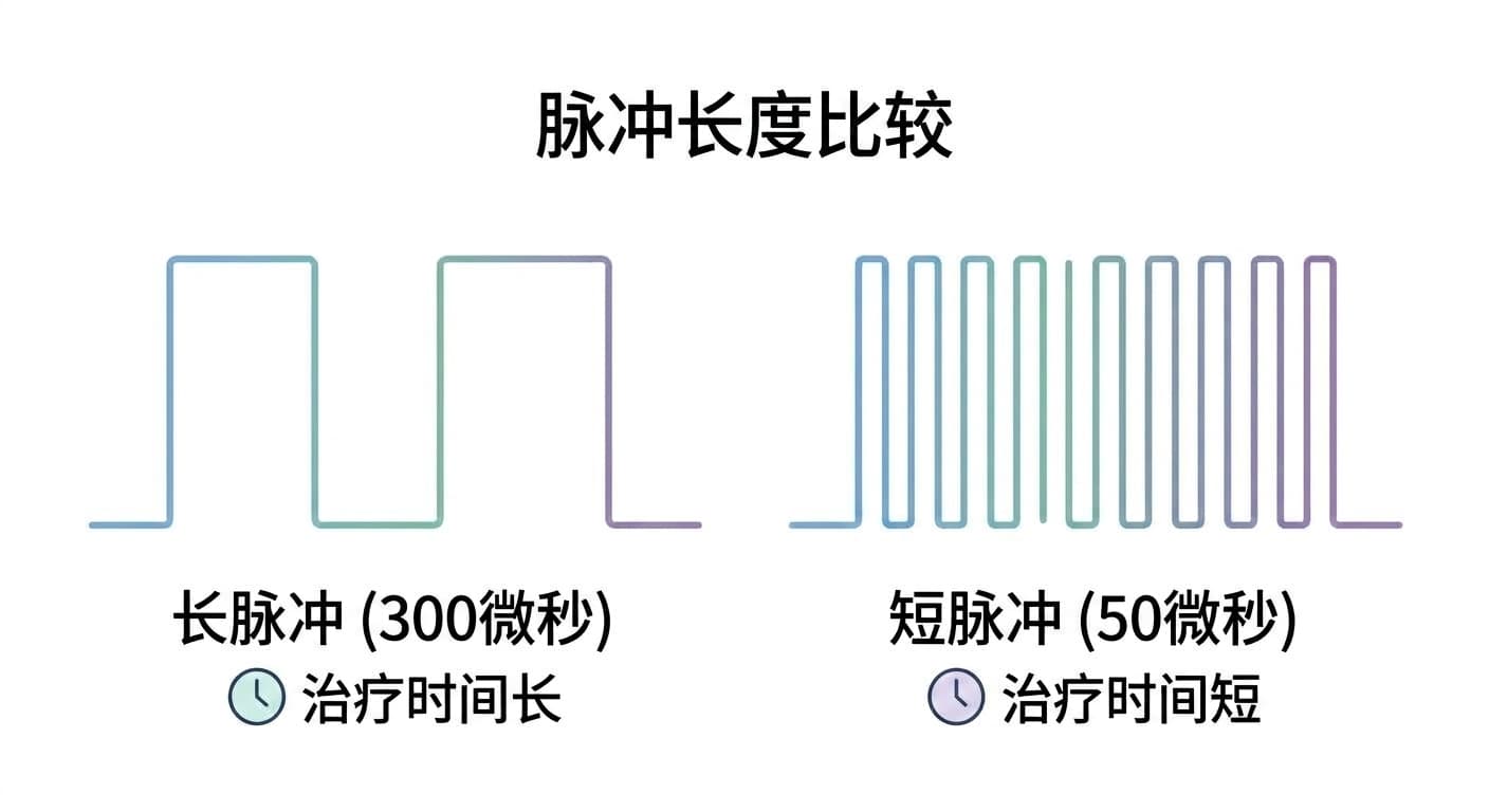 脉冲照射时间长,治疗时间就长;脉冲短、频率高,治疗时间就短