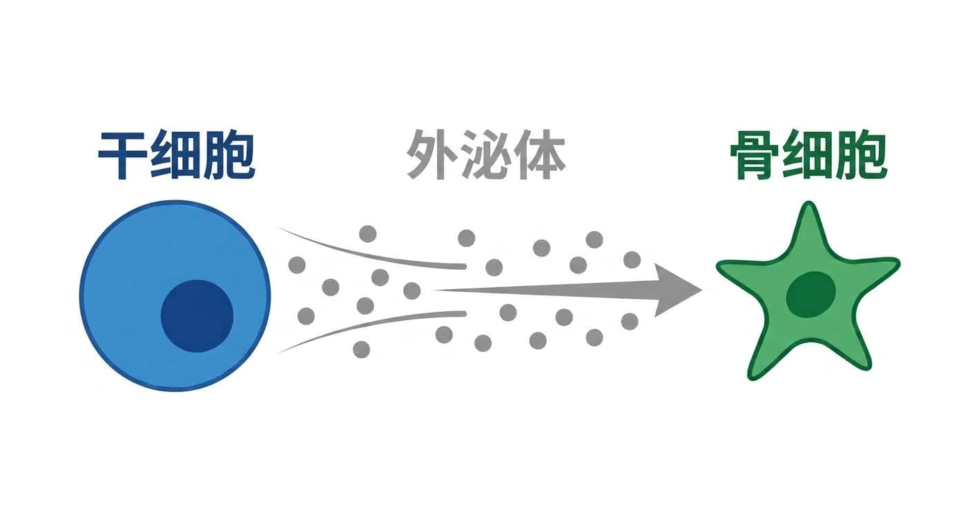 干细胞分泌的微小信号囊泡外泌体移动至骨细胞并传递信号的过程示意图