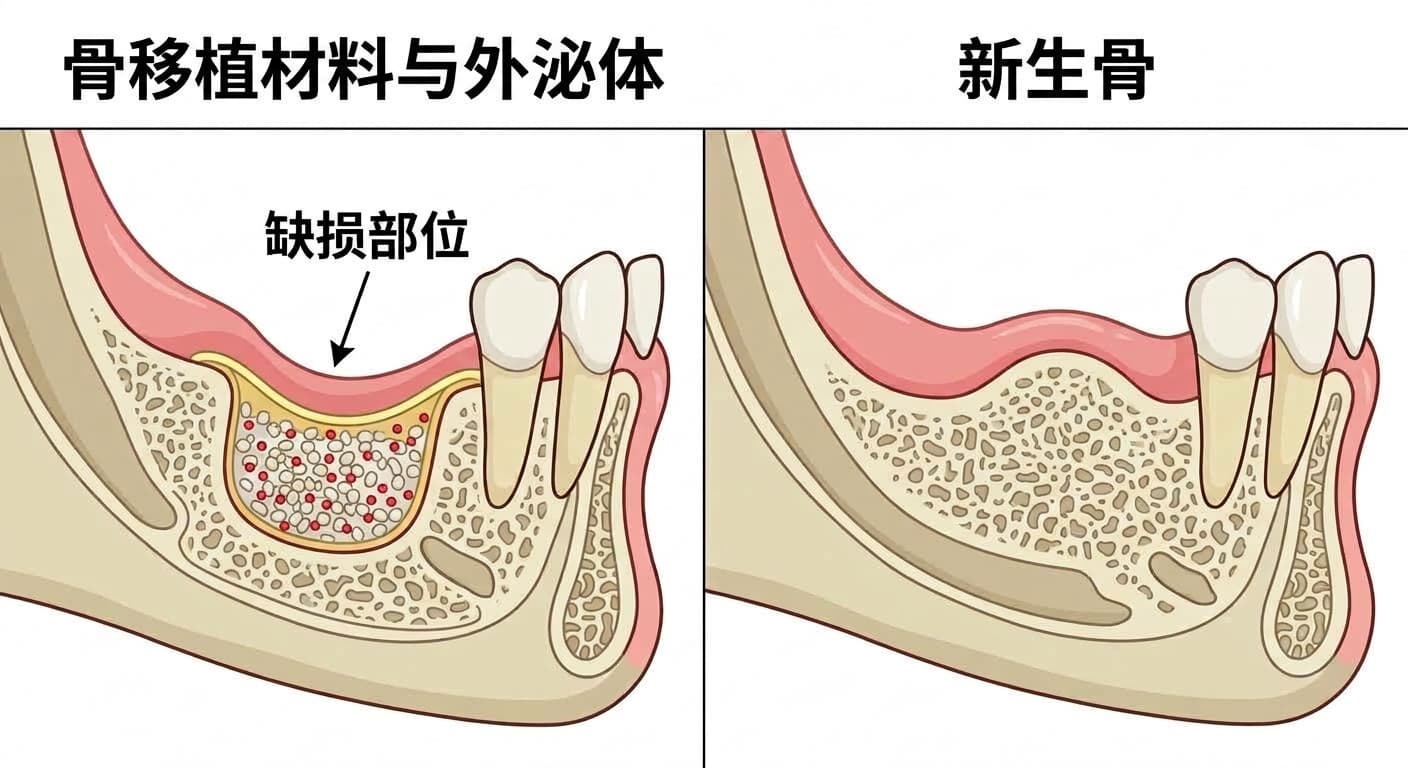 颌骨缺损部位填入骨移植材料与外泌体后的状态,以及数月后该部位长出新骨的状态对比横截面图