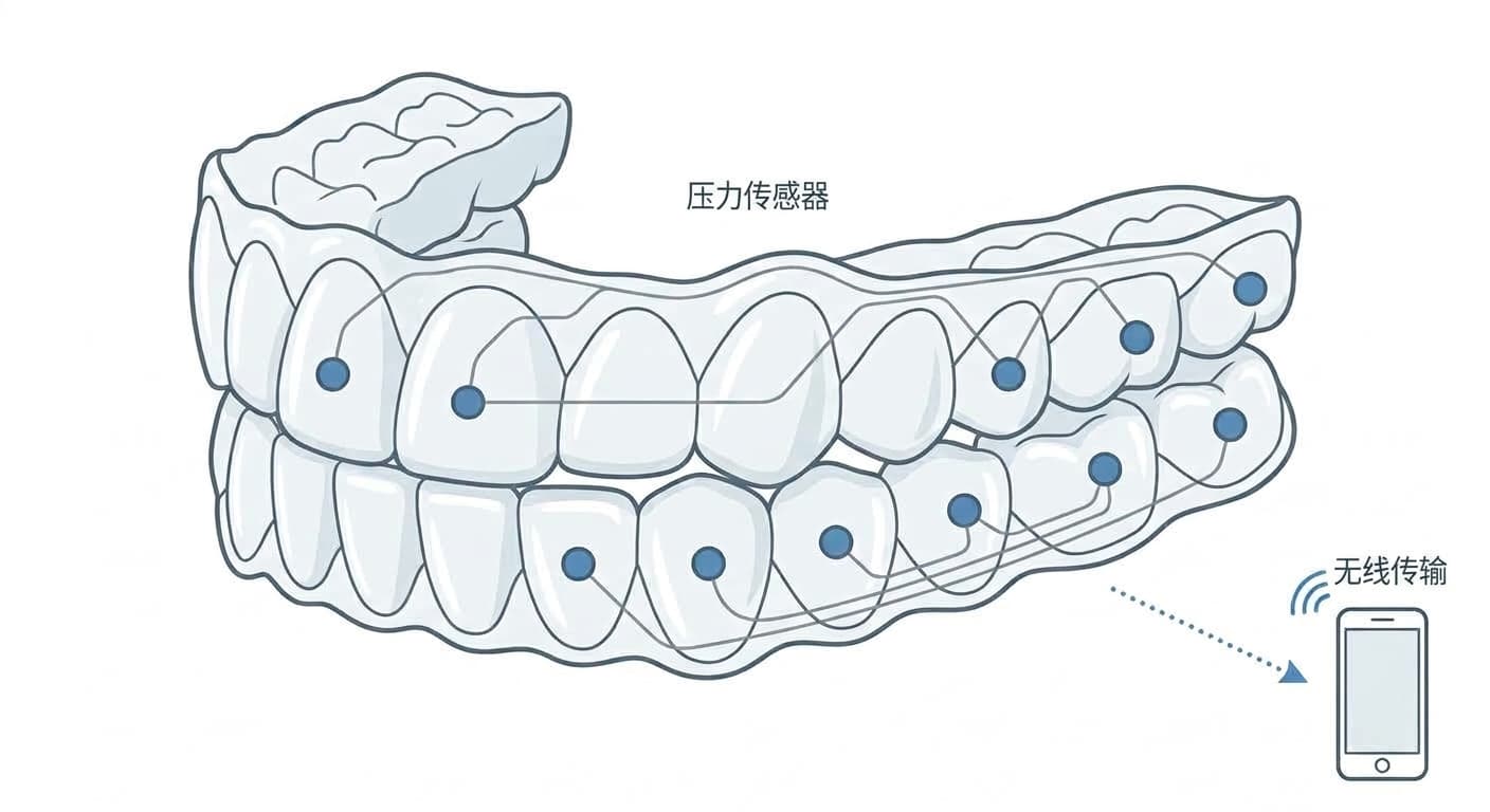 展示隐形矫治器表面多个位点植入的压力传感器及其信号无线传输到智能手机的概念图