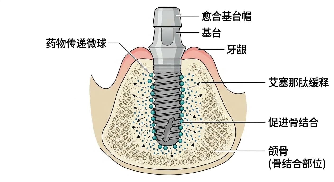 贴附在种植体表面的药物传递微球缓慢释放艾塞那肽,促进周围颌骨骨结合的过程