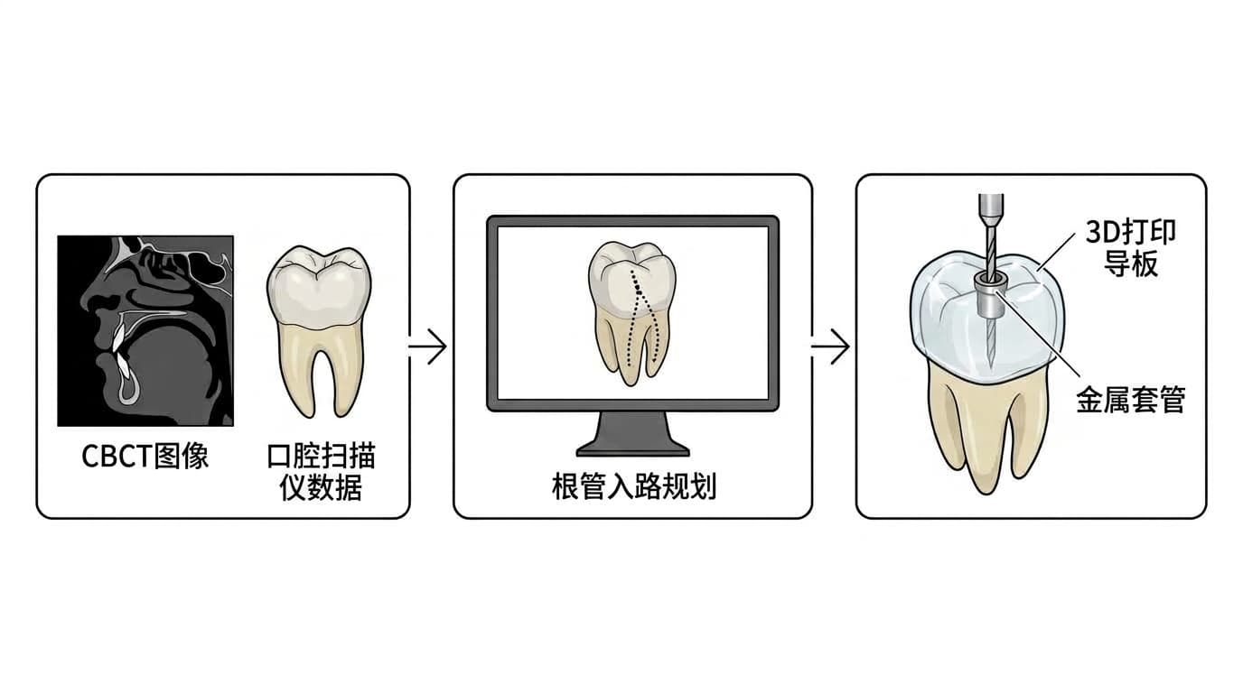 将CBCT影像与口腔扫描仪数据叠加以规划根管入路,再将带金属套管的3D打印导板安装到牙齿上引导钻针进入的三个步骤
