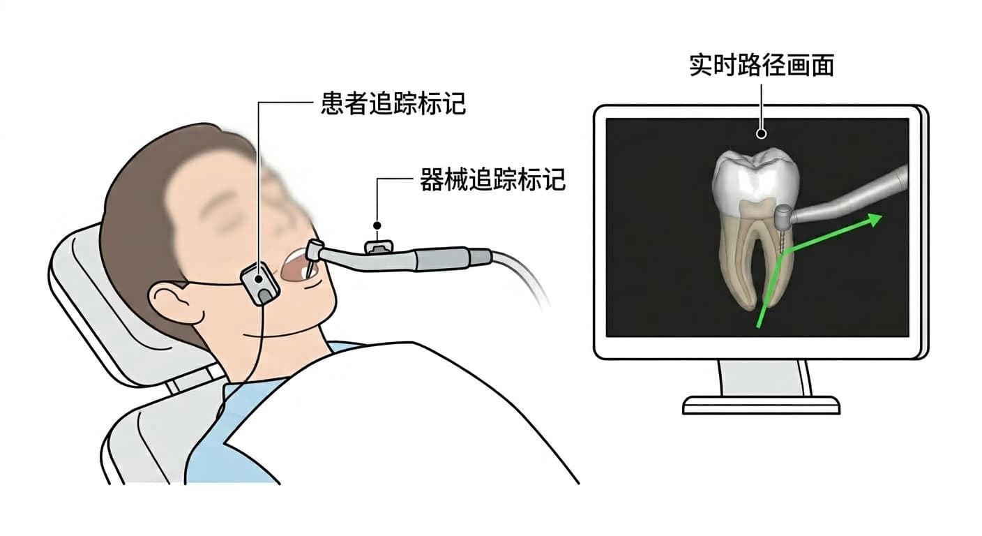 展示安装在患者与牙科手机上的追踪标记,以及画面中牙齿三维影像上实时钻针路径的图示