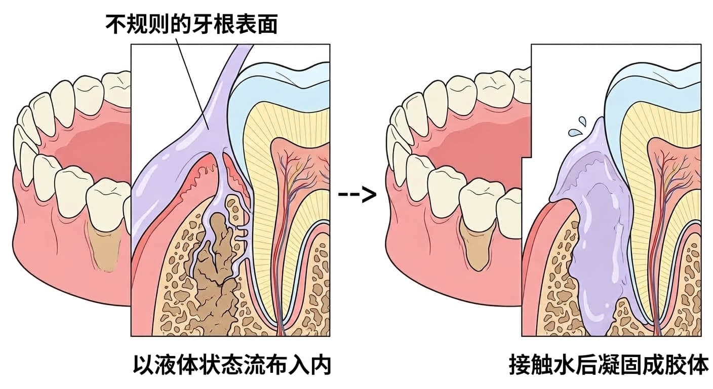 牙根表面上液态材料渗入缝隙中的情形与接触水后凝固成胶体并附着其上的情形并排呈现的截面图