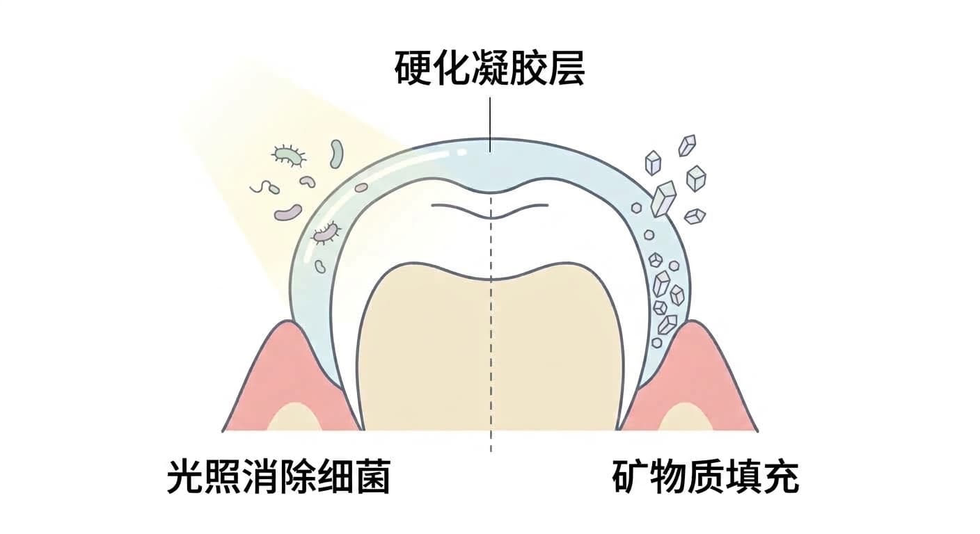 光线照射在凝固的凝胶层上使细菌消失的情形,以及其下方牙根表面被新矿物质结晶填充的情形一并呈现的截面图