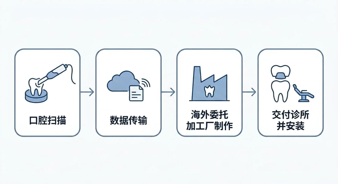 用箭头依次连接口腔扫描、数据传输、海外委托加工厂制作、交付诊所四个阶段的图示