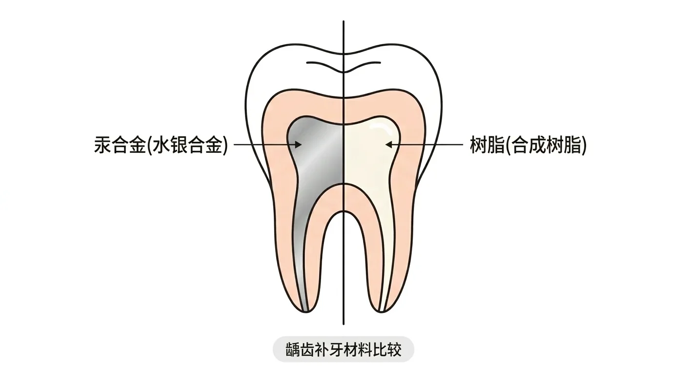 对比展示龋齿部位分别用汞合金和树脂填充的牙齿剖面图