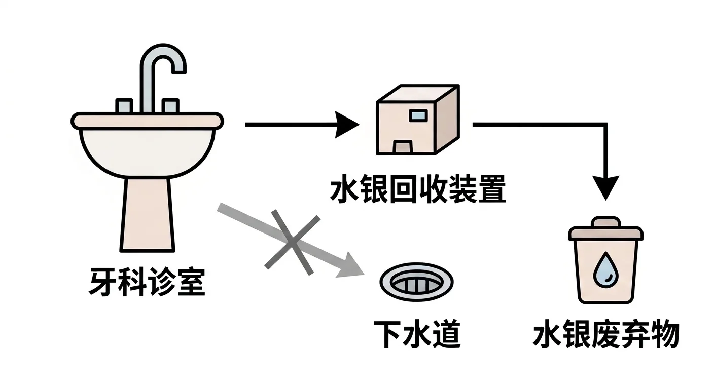 流程图:牙科诊室产生的水银经回收装置分离为单独废弃物,通往下水道的路径被阻断