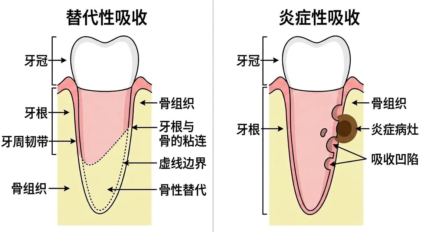 并排比较牙根逐渐被骨组织替代的替代性吸收,与牙根表面凹陷并伴有炎症病灶的炎症性吸收的示意图