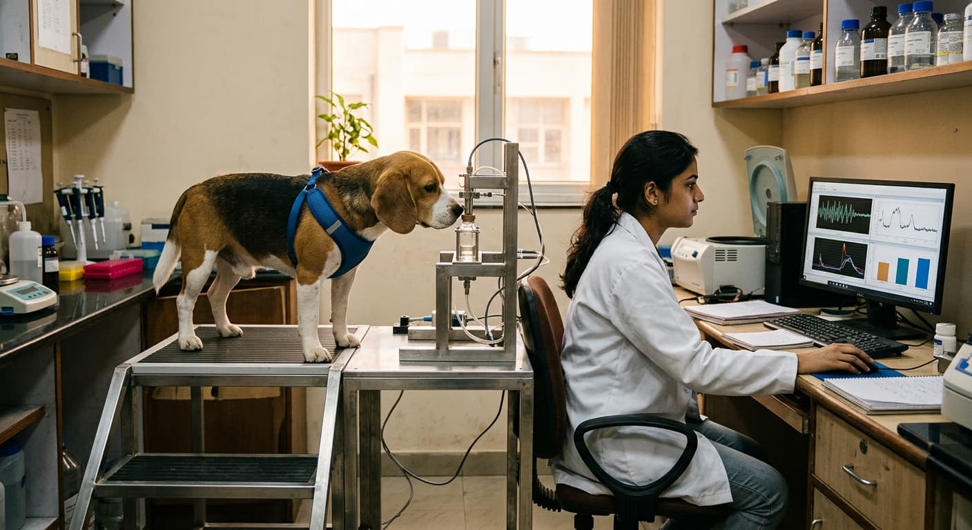 嗅闻带有传感器的样本容器的比格犬,以及查看电脑屏幕的研究人员