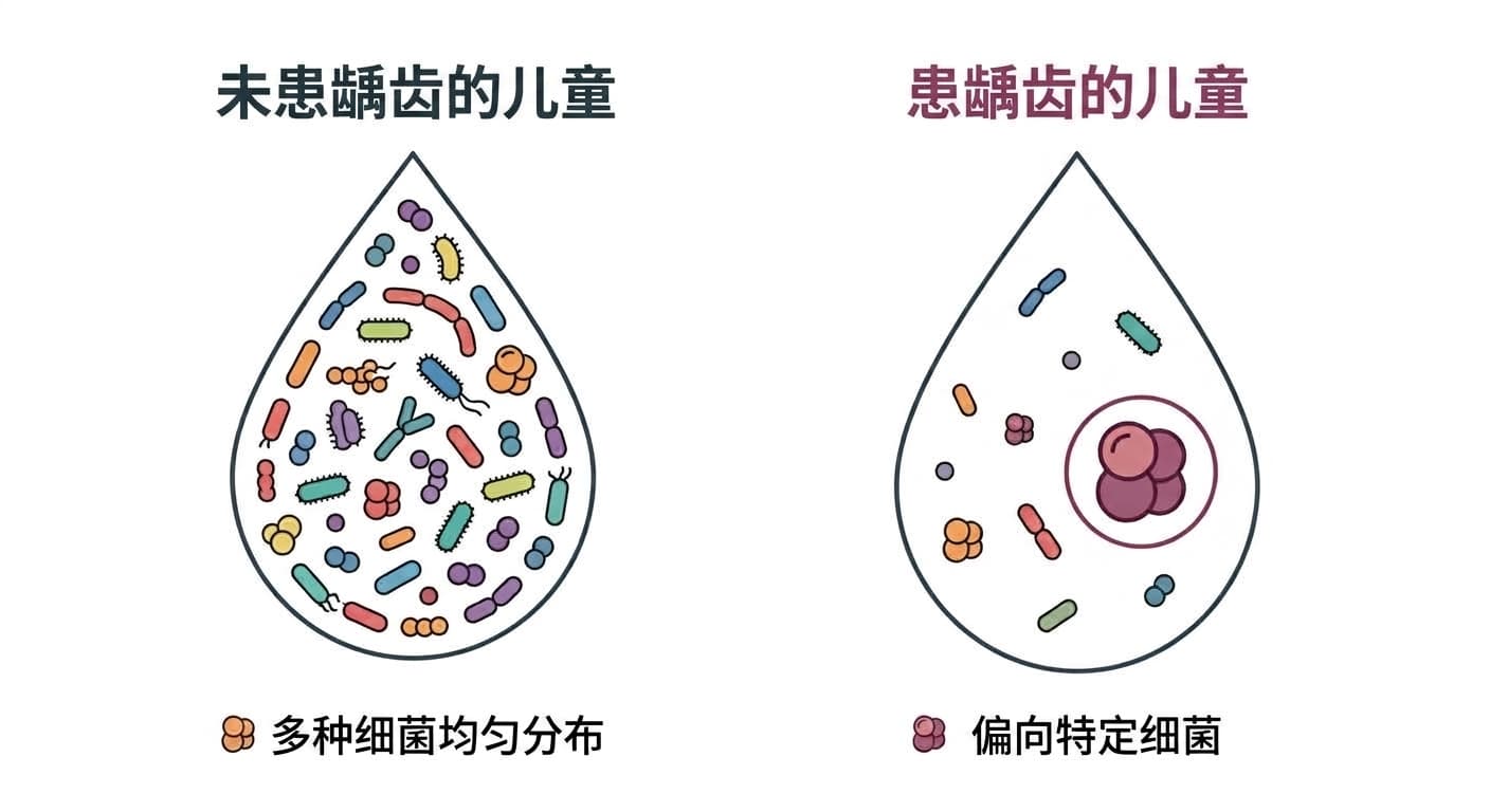 比较未患龋齿儿童与患龋齿儿童唾液细菌构成的图示。左侧是多种细菌均匀分布,右侧则偏向特定细菌