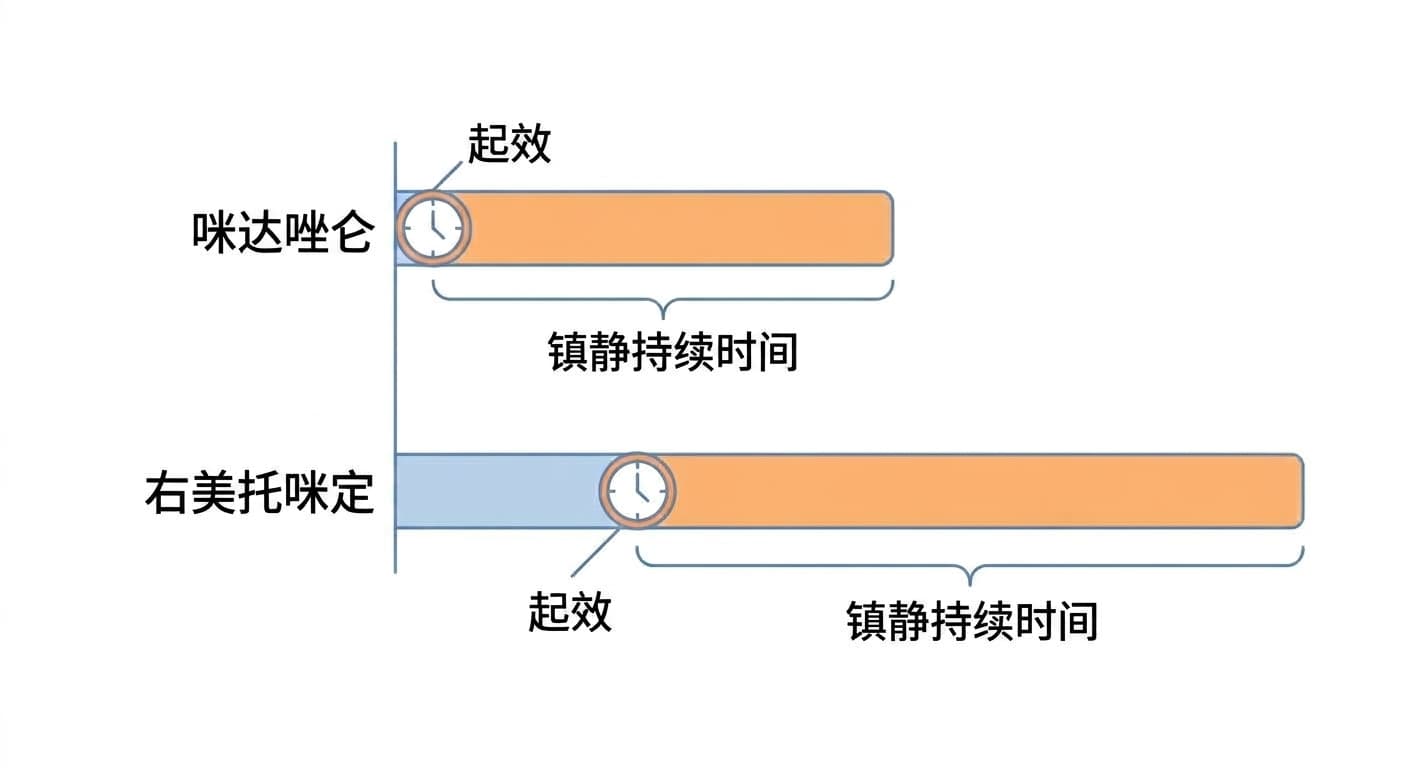 展示咪达唑仑起效快、结束也快,而右美托咪定起效较晚但镇静维持更久这一差异的时间轴示意图
