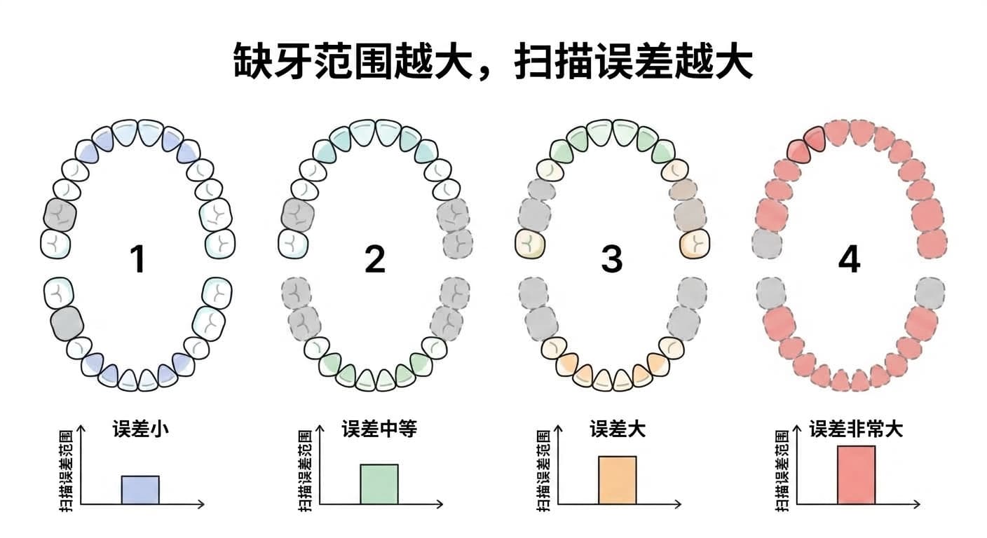 以四个阶段展示缺牙范围越大扫描误差越大程度的图示。牙齿缺失较少时误差较小,牙齿几乎全部缺失时误差较大