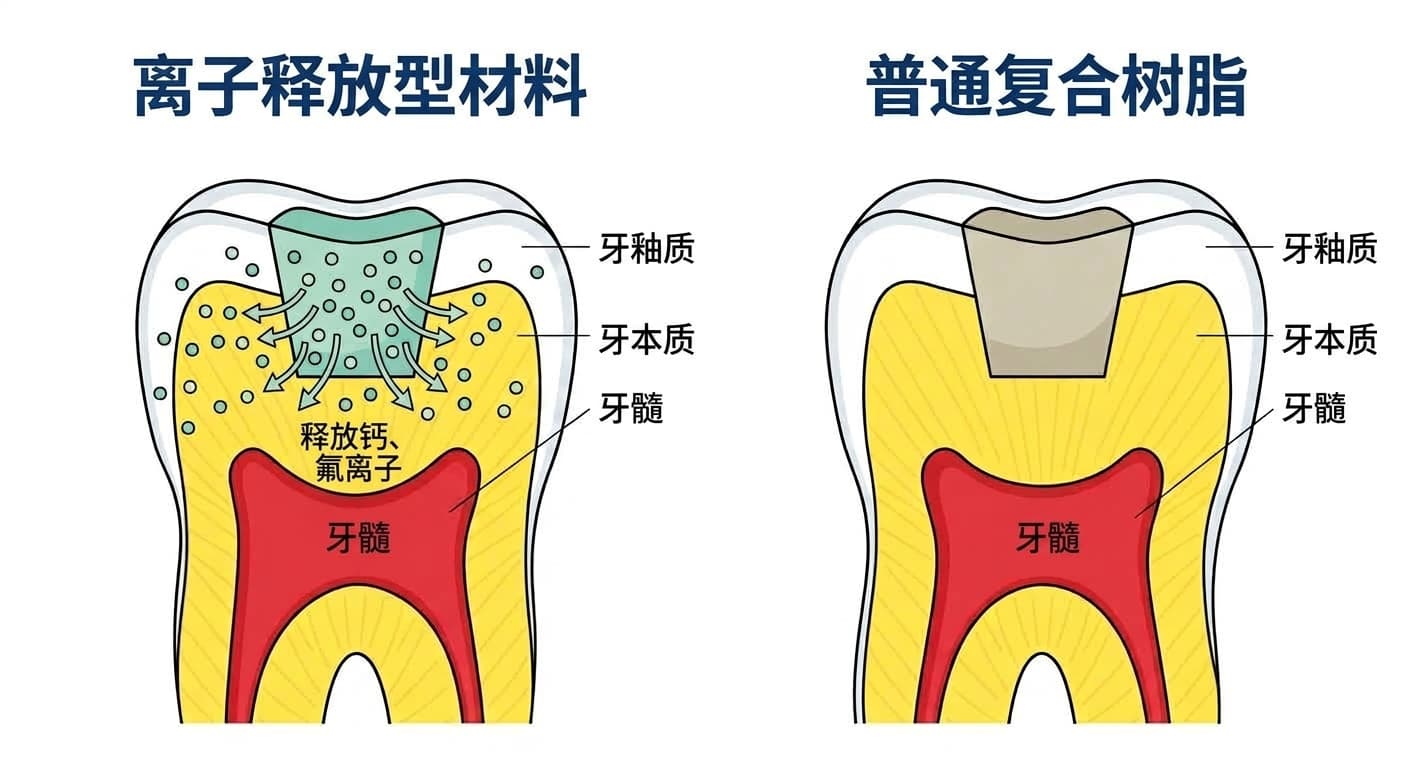 离子释放型充填材料与普通复合树脂的牙齿截面对比图。各材料释放的离子不同,本图为便于理解的概念图