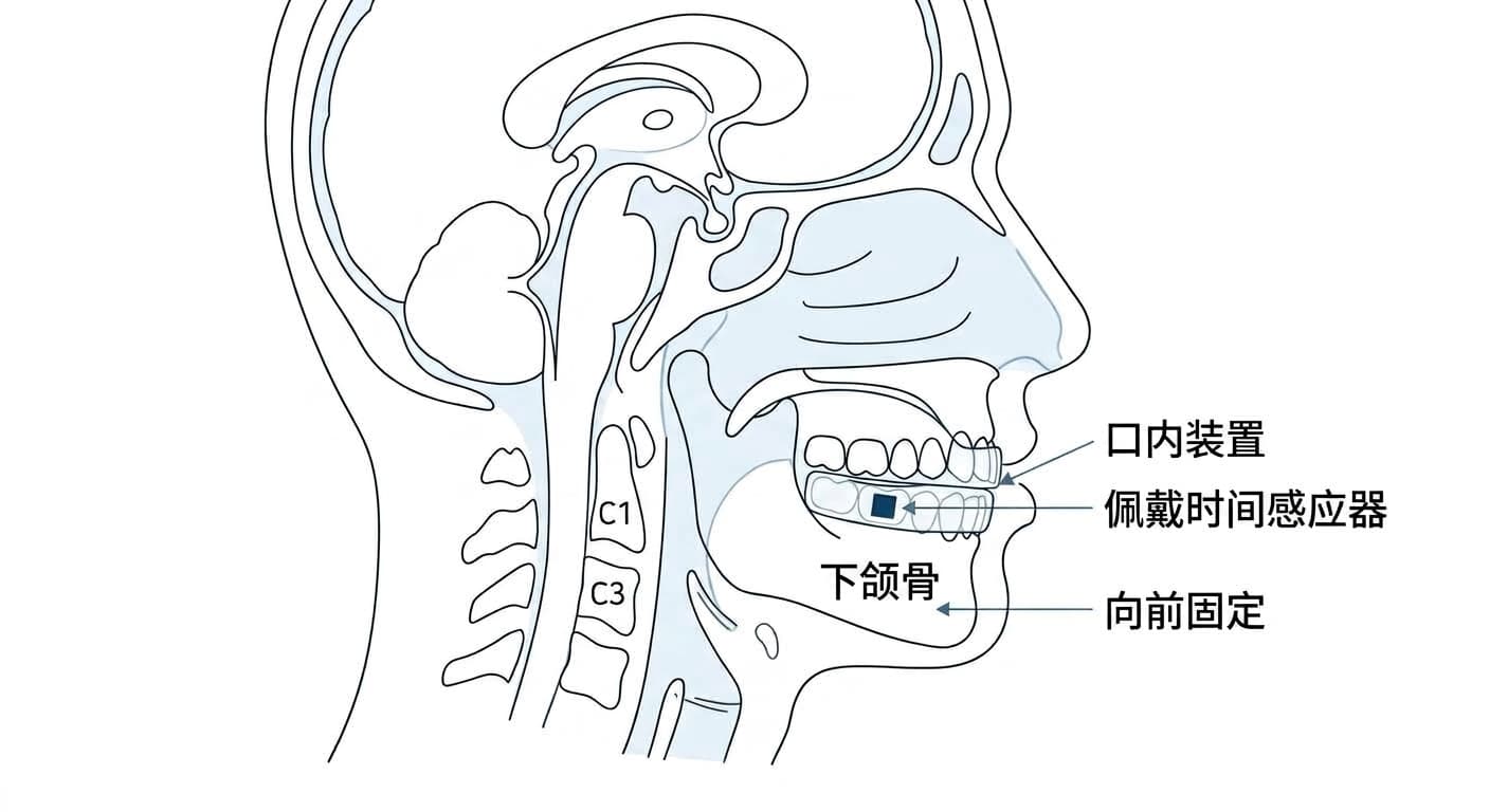 下颌前移矫治器结构侧视图。上下颌之间佩戴矫治器,内部装有测量佩戴时间的传感器,并将下颌固定在前伸位置。