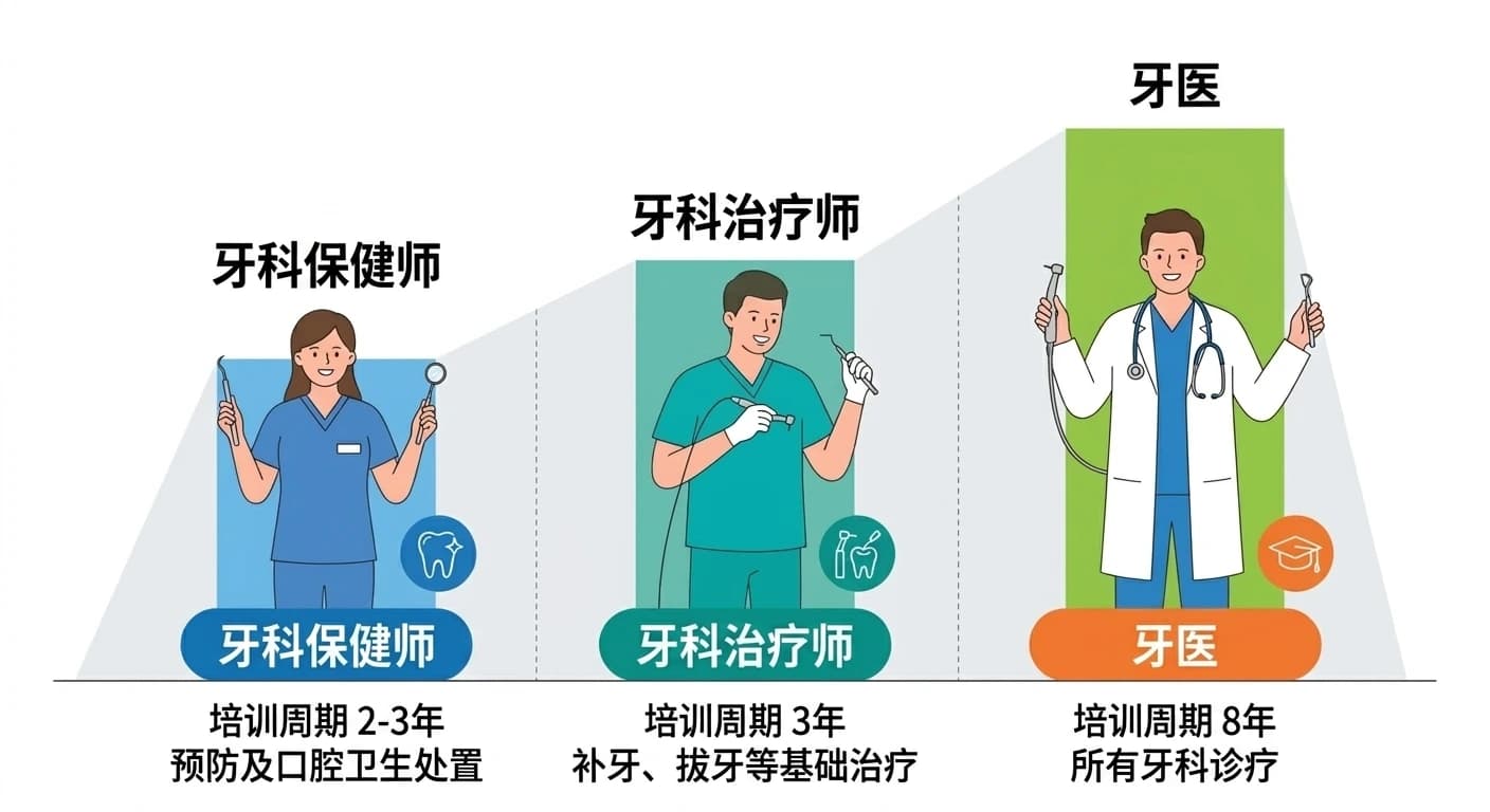 比较牙科保健师、牙科治疗师、牙医培训周期和诊疗范围的图表