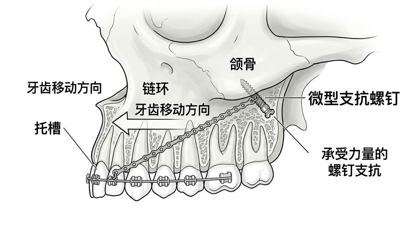 示意图:在上颌大臼齿后方的骨面斜向植入一颗小螺钉,并在螺钉上挂链,将整排牙列向后牵引