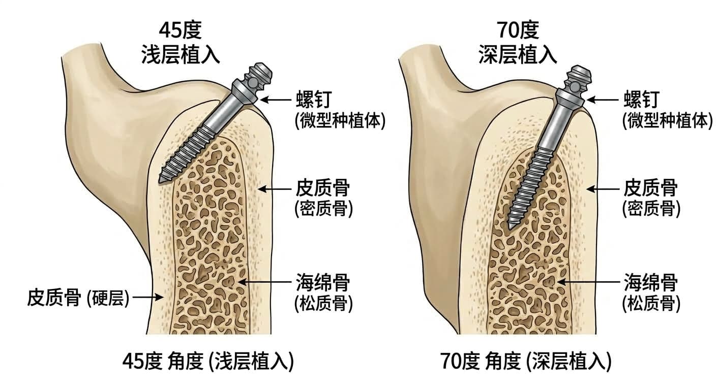 示意图:在同一处牙槽骨上分别以45度和70度斜向植入螺钉,对比70度植入的螺钉穿透更厚皮质骨层的情形