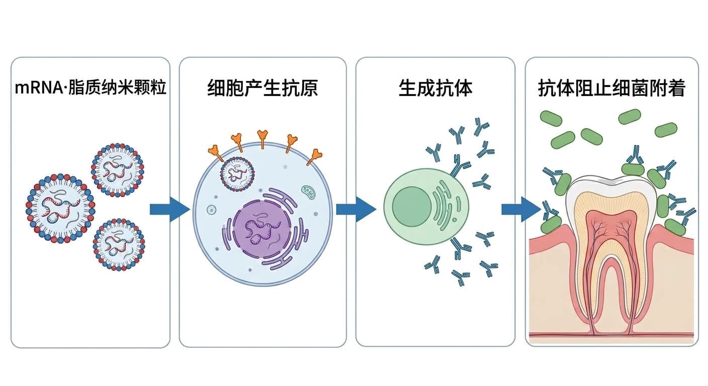 装载于脂质纳米颗粒中的mRNA进入细胞产生抗原,免疫细胞识别后生成抗体,从而阻止细菌附着于牙齿表面的过程,分四个阶段呈现。