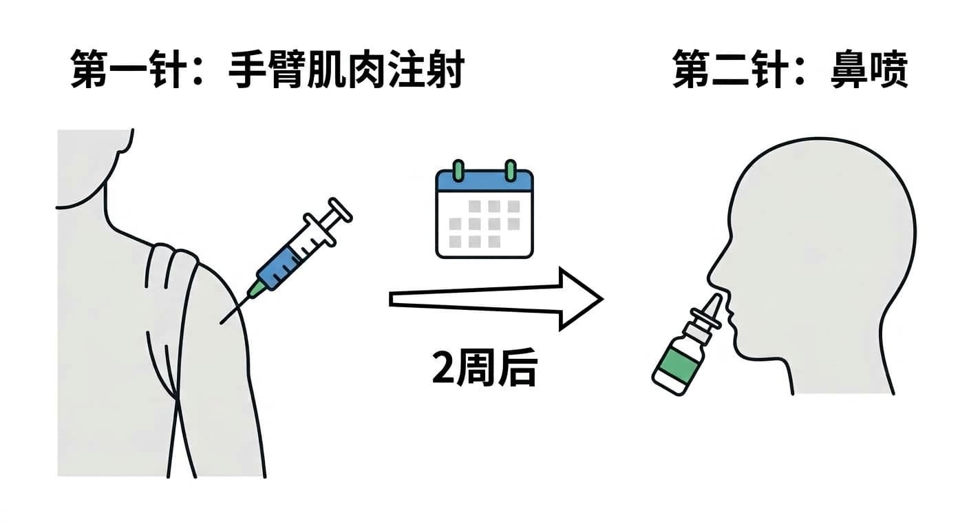 先在手臂肌肉注射疫苗,2周后再向鼻腔喷雾的两阶段接种方式示意图。